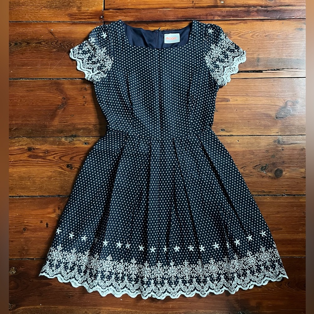 Navy & White Lace-Trim Fit-and-Flare Dress